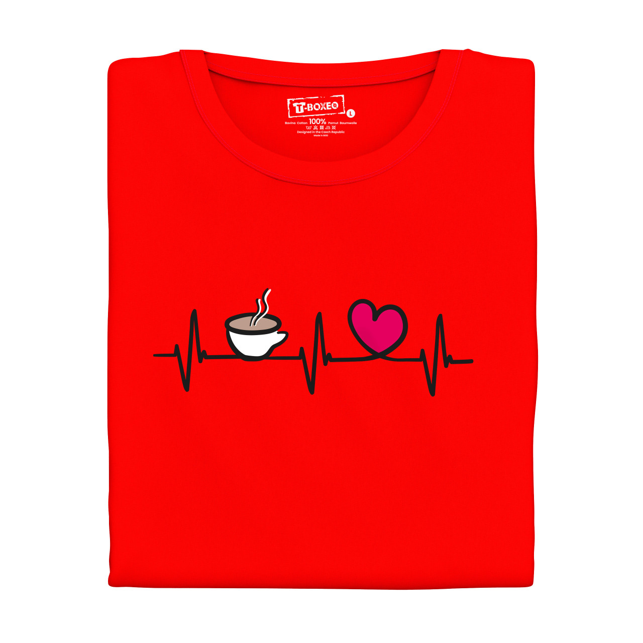 Pánské tričko s potiskem “Tlukot srdce – šálek kávy a víno”