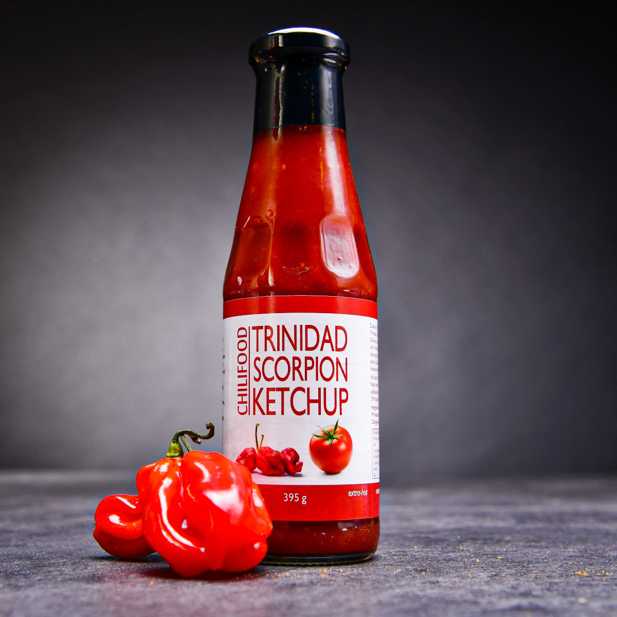 Výrazně ostrý kečup s papričkou Trinidad Scorpion 395 ml