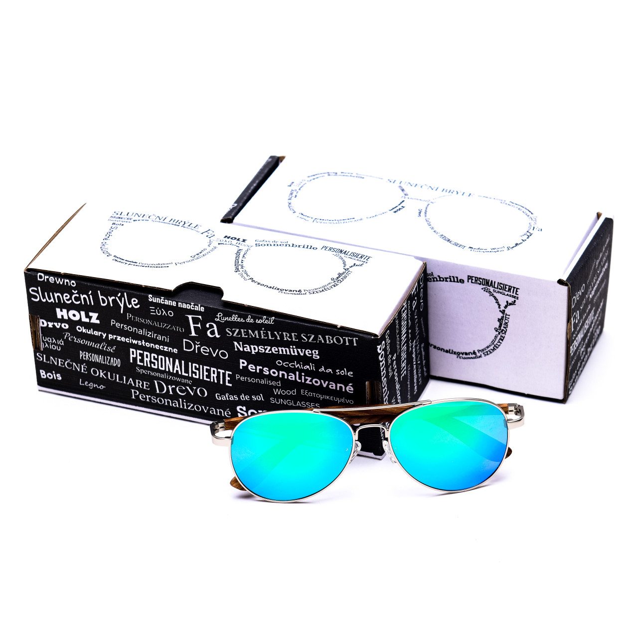 Brýle Aviator – modré čočky + tmavý ořech s gravírováním