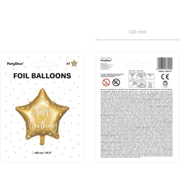 Fóliový balónek - Zlatá hvězda 40cm Happy Birthday
