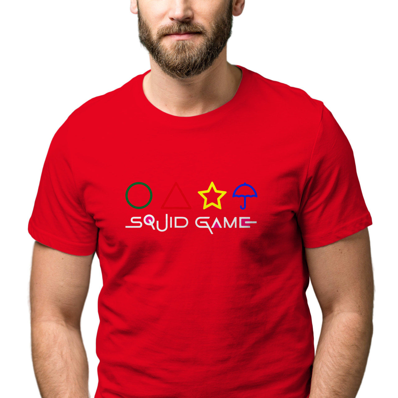 Pánské tričko s potiskem “Squid Game, název a barevné symboly"