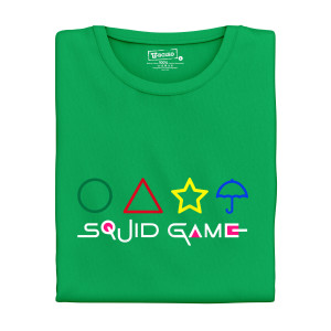 Pánske tričko s potlačou "Squid Game, názov a farebné symboly"