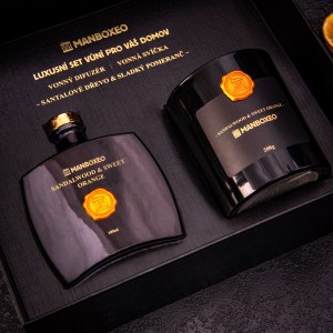 Exkluzívna darčeková sada vonnej sviečky a aróma difuzéra s intenzívnou vôňou - Sandalwood & Sweet Orange