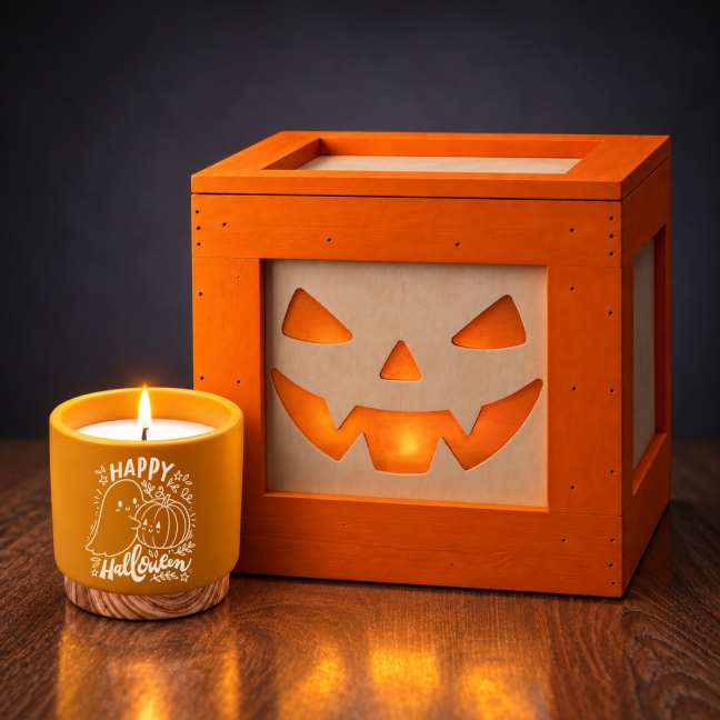 Prázdna halloweenska debna + drevená vonná sviečka