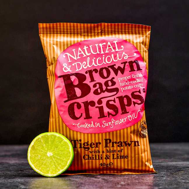 Chrumkavé, ručne vyrábané Brown Bag Crisps s krevetami a limetkou 40 g