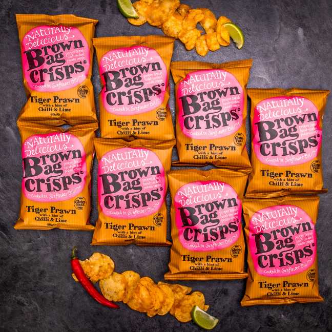 20× Chrumkavé, ručne vyrábané Brown Bag Crisps s krevetami a limetkou 40 g