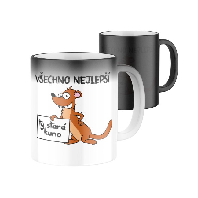 Magický keramický hrnček s potlačou Všetko najlepšie, ty stará kuno