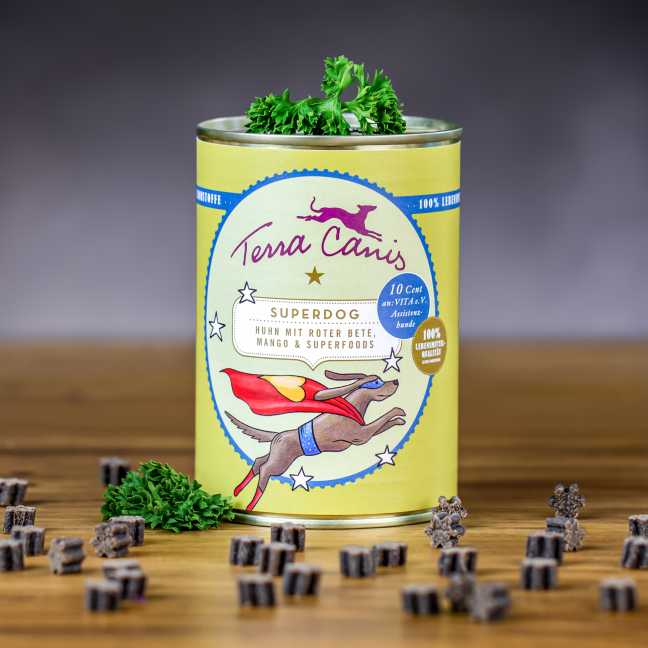 Terra Canis Konzerva Superdog Kuracie s červenou repou, mangom a superpotravinami 400 g