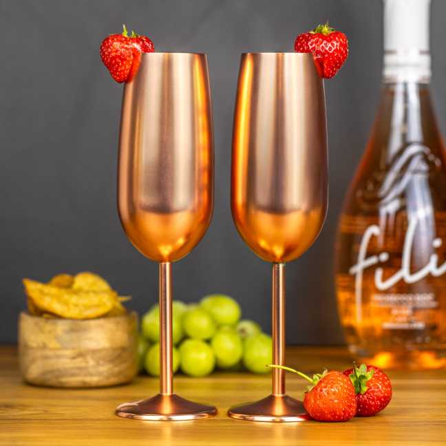 Sada nerezových pohárov na šampanské – rose gold