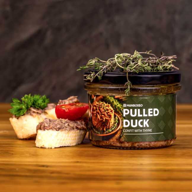 Trhané kačacie mäso konfitované na tymiane 170 g – Mr.HomeMade