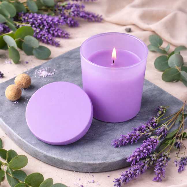 Fialová voňavá sviečka v krabičke 130 g – LEVANDUĽA & EUKALYPTUS