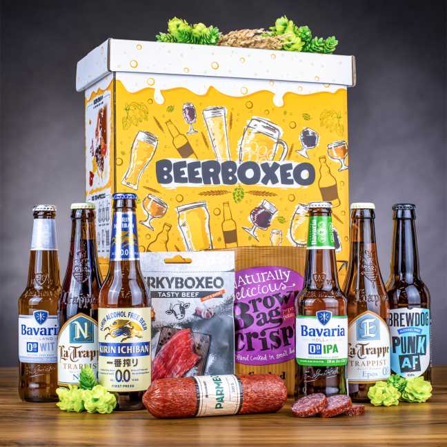 Beerboxeo darčekové balenie plné NEALKO pivných špeciálov a mäsa 