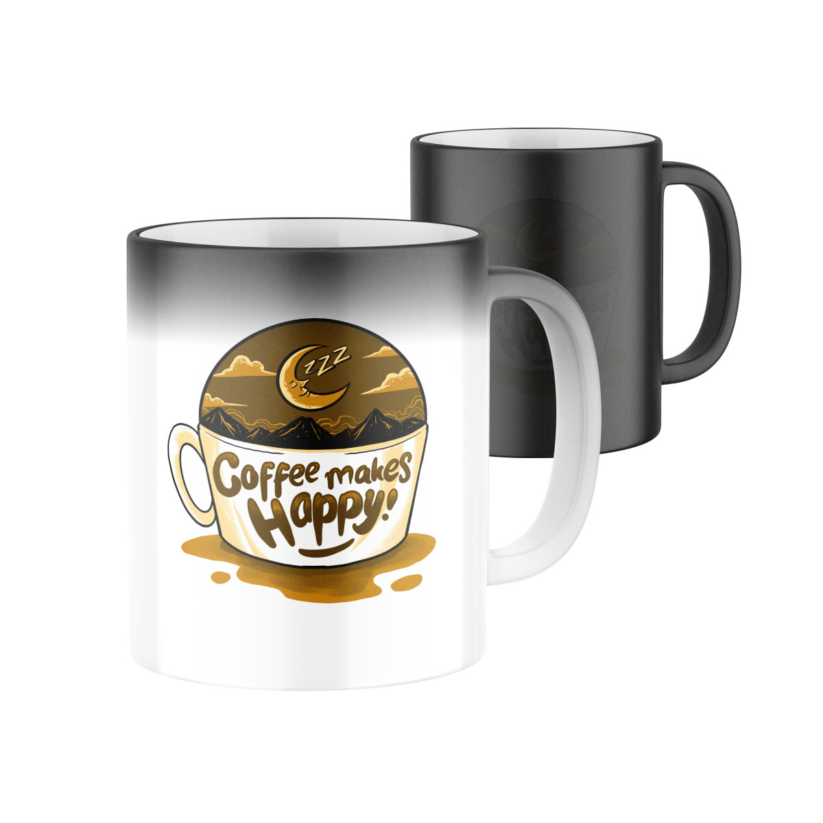 2+1 | Magický keramický hrnček s potlačou Coffee makes me happy | Darček pre mužov, ženu k narodeninám, sviatku, výročie | vtipný darček s potlačou |