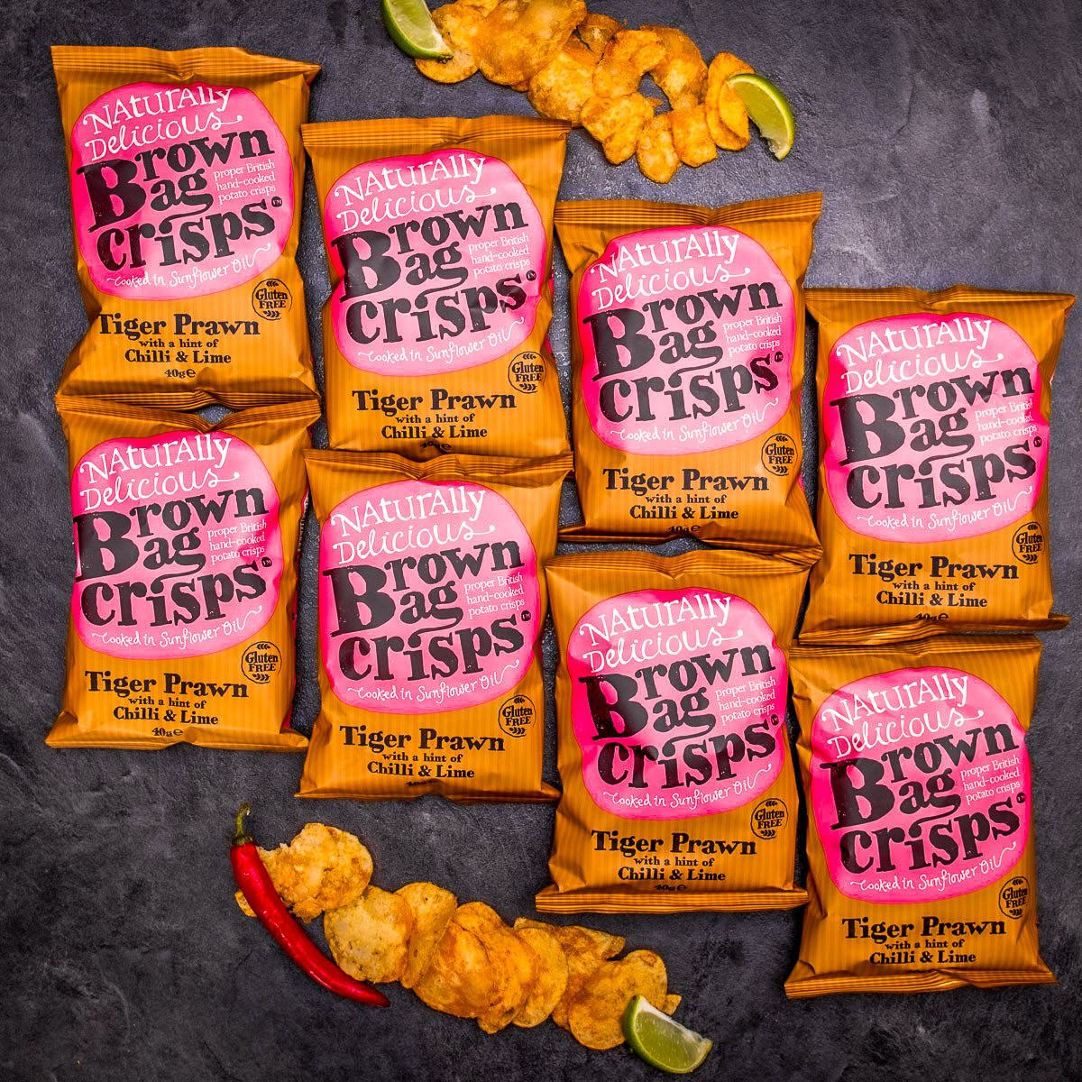 20× Chrumkavé, ručne vyrábané Brown Bag Crisps s krevetami a limetkou 40 g