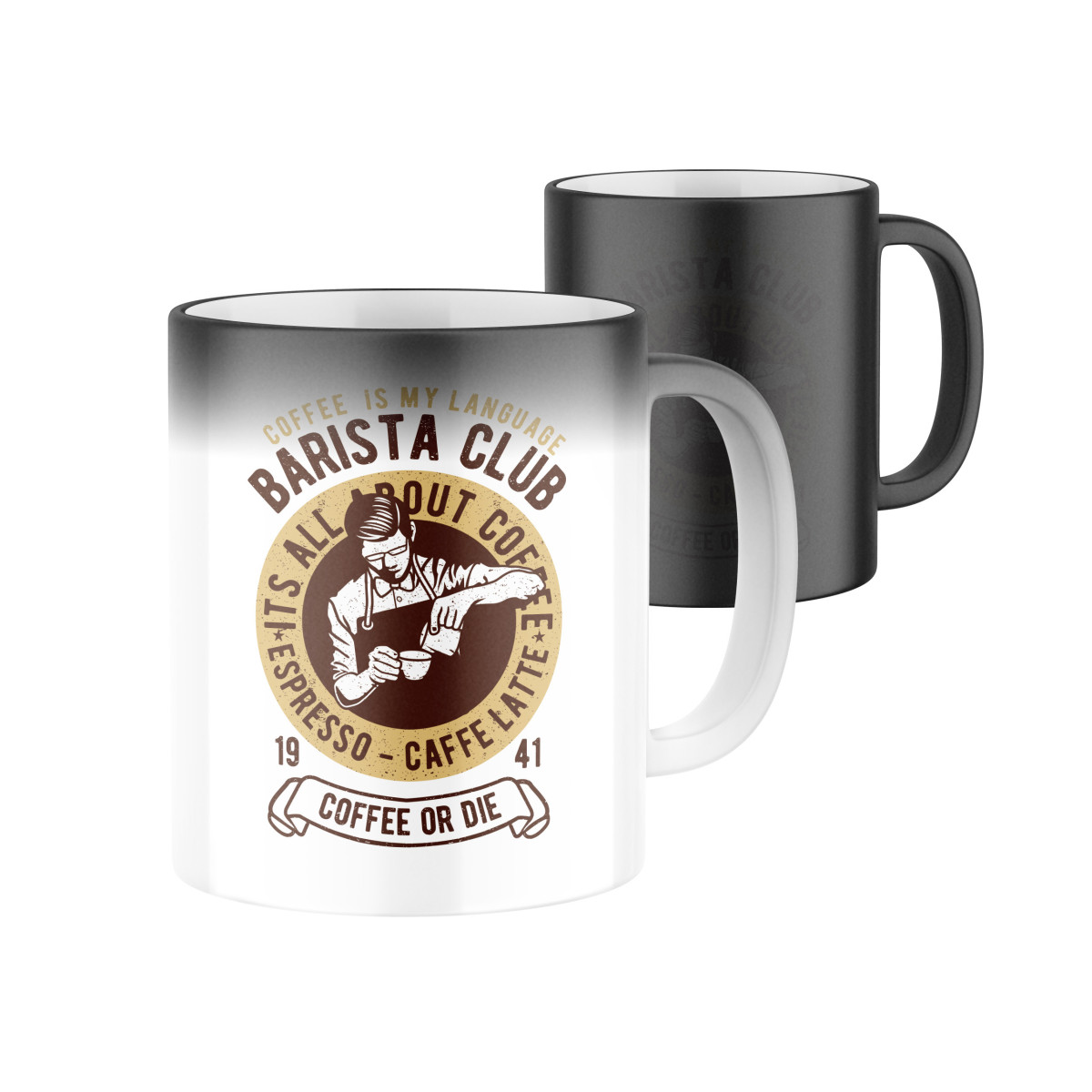 2+1 | Magický keramický hrnček s potlačou Barista club | Darček pre mužov, ženu k narodeninám, sviatku, výročie | vtipný darček s potlačou | fotodarče