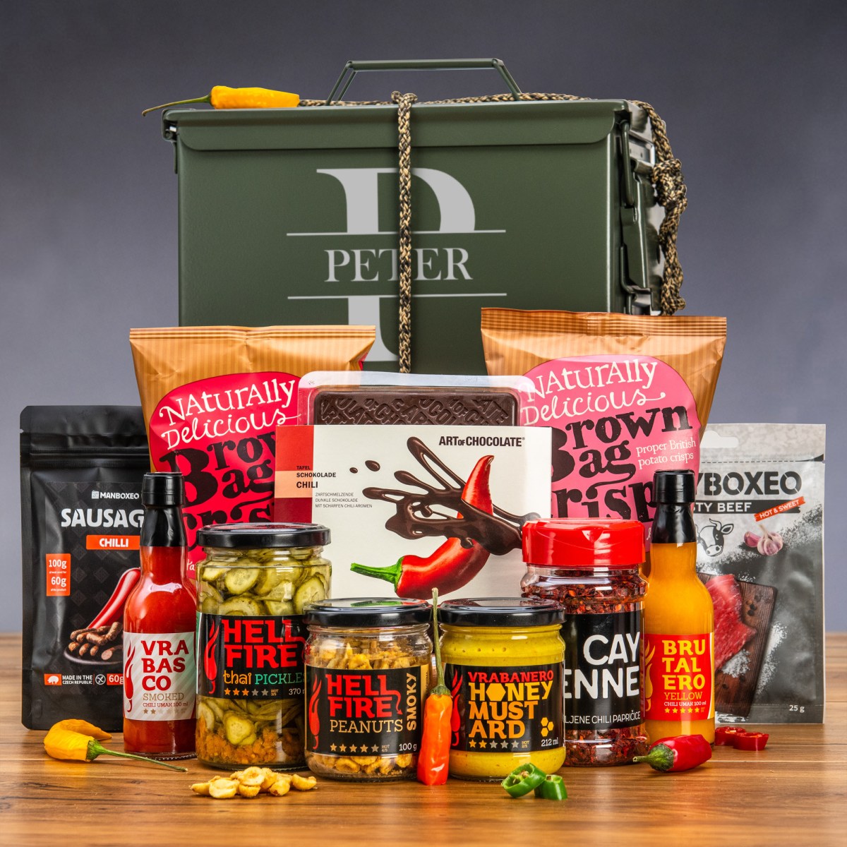 Armyboxeo plné chilli s gravírováním | Darčeková muničná debna | Darček pre muža, vojaka | Darčeky k narodeninám, sviatku, výročiu | Darčekový mystery