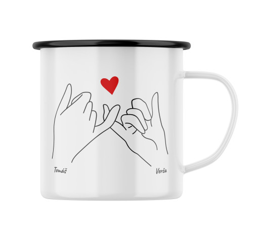 E-shop Plechový hrnček s potlačou ruky so srdiečkom s vlastnými menami