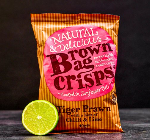 E-shop Chrumkavé, ručne vyrábané Brown Bag Crisps s krevetami a limetkou 40 g