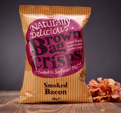 E-shop Chrumkavé, ručne vyrábané Brown Bag Crisps s údenou slaninou 40 g