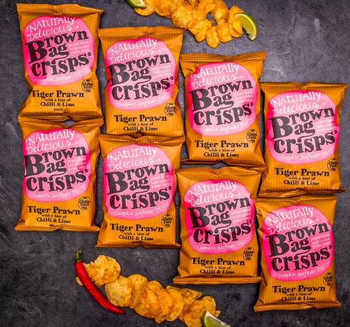 E-shop 8× Chrumkavé, ručne vyrábané Brown Bag Crisps s krevetami a limetkou